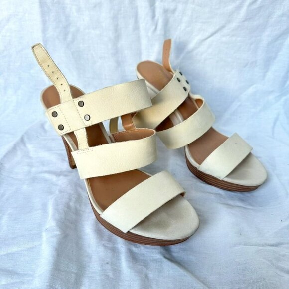 Franco Sarto Cream Strappy Stacked Heel Open Toe Sandal Size 8.5 Wedding Guest - Picture 1 of 5